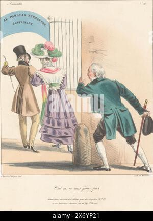 L'homme espionne la femme lors de son rendez-vous, C'est ça, ne vous gênez pas (titre sur objet), scènes d'amour (titre de la série), Amourettes (titre de la série sur objet), estampe, imprimeur : Charles Philipon, (mentionné sur objet), après design par : Charles Philipon, (mentionné sur objet), imprimeur: Pierre François Ducarme, (mentionné sur l'objet), Paris, 1827 - 1829, papier, hauteur, 287 mm × largeur, 222 mm Banque D'Images