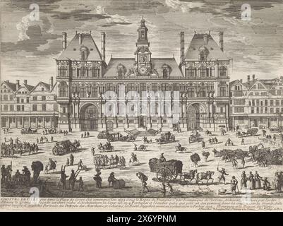 Paysage urbain avec le Hôtel de ville, L'Hostel de ville (...) (titre sur objet), paysages urbains et paysages en France et en Italie (titre de la série), Recueil de vues de monuments de Paris, des principales résidences royales et des principaux châteaux de France et de Rome (titre de la série), Print fait partie d'un album., imprimeur : Adam Perelle, imprimeur : Gabriel Perelle, imprimeur : Nicolas Perelle, éditeur : Paris, France, 1620 - 1695, papier, gravure, hauteur, 220 mm × largeur, 300 mm Banque D'Images