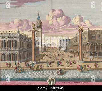 Place de Mark à Venise, locus S. Marci Venetiis/The place of réunifiMark à Venise (titre sur objet), vue de la place de Mark à Venise. Au premier plan la colonne di San Marco et San Todaro. Sur la droite le Palais des Doges et San Marco. Sur la gauche, la Biblioteca Marciana et le Campanile di San Marco. Titre en latin et néerlandais dans la marge inférieure. Print fait partie d'un album., print, graveur : Pieter Schenk (I), (mentionné sur l'objet), Anna Beeck, Pieter Schenk (I), (mentionné sur l'objet), imprimeur : Amsterdam, la Haye, 1675 - 1711 et/ou 1693 - 1717, papier, gravure, hauteur, 490 mm Banque D'Images