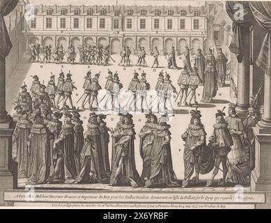 Procession des chevaliers de l'ordre de Saint-esprit dans la cour de Fontainebleau, estampe, imprimeur : Abraham bosse, (mentionné sur l'objet), éditeur : Melchior Tavernier, (mentionné sur l'objet), Lodewijk XIII (koning van Frankrijk), (mentionné sur l'objet), Paris, 1634, papier, gravure, gravure, hauteur, 271 mm × largeur, 356 mm Banque D'Images