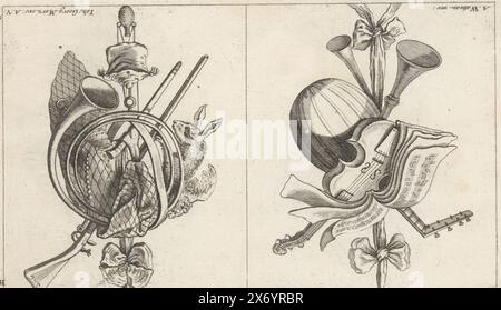 Trophée avec instruments de musique et trophée de chasse, Neu inventierte Siegs und Ehren Zeichen. Autre Theil. Deuxième Livre de Trophée (titre de la série), à gauche un trophée avec partitions et instruments de musique comme un violon et un luth. Sur la droite un trophée de chasse avec des fusils, un cor de chasse, un sac et un jeu de tir. Numéroté en haut à droite B. Print fait partie d'un album avec une série de six trophées., print, graveur : anonyme, après design par : Jean Antoine Watteau, (mentionné sur l'objet), éditeur : Johann Georg Merz, (mentionné sur l'objet), Augsbourg, 1704 - 1762, papier, gravure, hauteur, 143 mm Banque D'Images