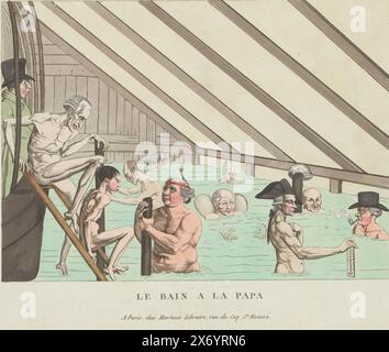 Piscine pour hommes, caricature Parisienne, le bain à la Papa (titre sur objet), piscine ou bain avec plusieurs hommes dans l'eau. A droite, un homme mesure la température de l'eau du bain avec un thermomètre., imprimeur : anonyme, éditeur : Martinet (uitgever), (mentionné sur l'objet), imprimeur : France, Editeur : Paris, 1750 - 1850, papier, gravure, hauteur, 247 mm × largeur, 326 cm Banque D'Images