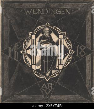 Conception de couverture pour : Wendingen, 1918, Un homme barbu, peut-être Hiram, l'architecte du temple de Salomon à Jérusalem, tient une maquette d'un temple. Il se tient entre deux piliers au centre d'un cristal., estampe, imprimeur : Richard Nicolaüs Roland Holst, (mentionné sur l'objet), 1918, papier, hauteur, 492 mm × largeur, 405 mm Banque D'Images