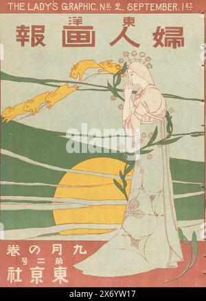 Septembre 1907, le graphique de la dame (titre sur l'objet), Toyo Fujin gaho (titre sur l'objet), numéro 2 (1907) du magazine Toyo Fujin gaho : couverture avec image d'une femme aux mains pliées, près d'un grand soleil et lapins jaunes ; à l'intérieur: frontispice avec vue d'un bateau à rames et de maisons en arrière-plan., livre, imprimerie : Mitsutani Kunishiro, (mentionné sur l'objet), Japon, 1-sept.-1907, papier, typographie, hauteur, 252 mm × largeur, 184 mm Banque D'Images