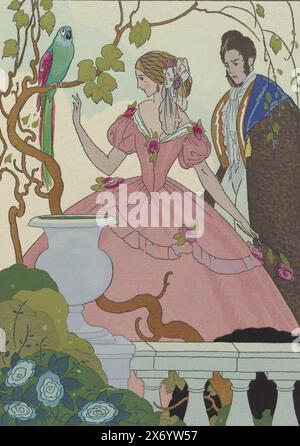 La Guirlande, album mensuel d'Art et de Literature, 1919-1920, jeune couple habillé selon la mode vers 1860. La femme porte une robe à manches courtes bouffées et un corsage pointu, décoré de fleurs. Filet à cheveux avec voile et fleurs. Derrière elle se tient un homme avec des pattes dans un manteau ou une cape. Ils sont debout dans un jardin près d'une balustrade et d'un vase de jardin, un perroquet est assis sur une branche. Imprimé probablement du magazine la Guirlande, album mensuel d'art et de la litterature (1919-1920)., après dessin par : Umberto Brunelleschi, (mentionné sur l'objet), imprimeur : anonyme Banque D'Images
