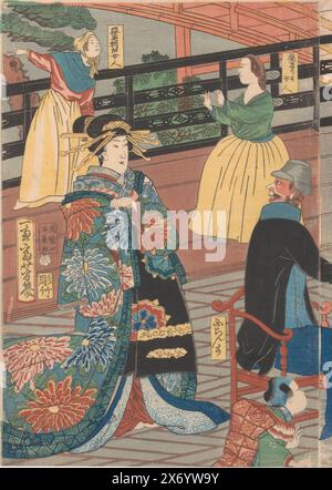 Étrangers lors d'une soirée buvante dans le salon de thé Gankiro, page gauche du triptyque., imprimeur, imprimeur : Utagawa Yoshiiku, (mentionné sur l'objet), Japon, décembre-1860, papier Banque D'Images