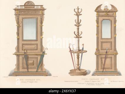 Porte-manteau et deux meubles avec miroir et porte-manteaux, porte-chapeaux etc. (titre sur objet), L'ameublement, Collection simple (titre de la série sur objet), Un porte-manteau avec porte-parapluie et deux meubles avec miroir et porte-manteaux. Tirage de 285e livraison., imprimeur, imprimeur : Chanat, (mentionné sur l'objet), imprimeur : Monrocq, (mentionné sur l'objet), éditeur : Eugène Maincent, (mentionné sur l'objet), Paris, 1885 - 1895, papier, hauteur, 269 mm × largeur, 355 mm Banque D'Images