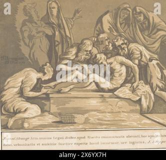 Entombment, amicis suis necnon unicuique (...) (titre de la série sur objet), Entombment of Christ. Avec étiquette avec texte sur deux lignes en latin indiquant le nom : John Strange. Partie d'un album avec 26 gravures sur bois chiaroscuro collées d'après des artistes italiens du XVIe siècle., estampe, graveur : John B. Skippe, (mentionné sur l'objet), après design par : Parmigianino, (mentionné sur l'objet), Angleterre, 1783, papier, hauteur, 206 mm × largeur, 264 mm Banque D'Images