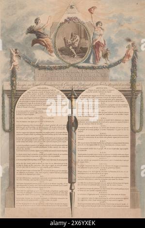 Déclaration des droits de l'homme et du citoyen, Déclaration des droits de l'homme et du citoyen (titre sur objet), deux tablettes de pierre montrant les droits de l'homme et du citoyen. Au sommet se trouvent deux putti avec guirlandes et dans un ovale une image d'Hercule, flanquée des figures allégoriques Eendracht (Concordia) et vigilance (Vigilantia)., imprimeur, imprimeur : Jean Leroy, (mentionné sur l'objet), éditeur : Laurent Guyot, (mentionné sur l'objet), imprimeur : France, Editeur : Paris, 1793, papier, gravure, pinceau, hauteur, 453 mm × largeur, 309 mm Banque D'Images