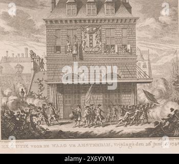 Troubles lors de la pendaison d'un homme et d'une femme au Waag à Amsterdam, exécution devant le Waag à Amsterdam, vendredi 28 juin 1748 (titre sur objet), Piet van dort, qui s'appelait le maire des pillards, et le vendeur de citron et de plie séchée Mat van den Nieuwendijk a été pendu au Waag à Amsterdam. Tous deux ont participé à l'émeute de Pachter. La milice ouvre le feu sur les spectateurs., imprimerie, imprimeur : Simon Fokke, (mentionné sur l'objet), d'après son propre dessin par : Simon Fokke, (mentionné sur l'objet), éditeur : Arend Fokke Simonsz., (mentionné sur l'objet), 1777, papier Banque D'Images