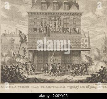 Troubles lors de la pendaison d'un homme et d'une femme au Waag à Amsterdam, exécution devant le Waag à Amsterdam, vendredi 28 juin 1748 (titre sur objet), Piet van dort, qui s'appelait le maire des pillards, et le vendeur de citron et de plie séchée Mat van den Nieuwendijk a été pendu au Waag à Amsterdam. Tous deux ont participé à l'émeute de Pachter. La milice ouvre le feu sur les spectateurs., imprimerie, imprimeur : Simon Fokke, (mentionné sur l'objet), d'après son propre dessin par : Simon Fokke, (mentionné sur l'objet), éditeur : Arend Fokke Simonsz., (mentionné sur l'objet), 1777, papier Banque D'Images