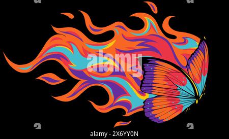 Illustration vectorielle d'un papillon fait de feu sur fond noir Illustration de Vecteur