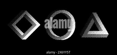 Jeu de formes impossibles texturées bitmap. Collection d'objets géométriques tramés. Triangle noir, cercle, éléments carrés pour bannière, affiche, dépliant. Faisceau d'effets de trame 3D pixelisés. Pack vectoriel Illustration de Vecteur