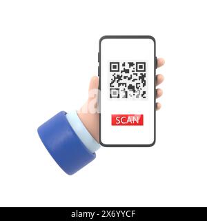 3d dessin animé rend les mains féminines smartphone et utilise le service d'application mobile avec la conception de bannière de code QR de balayage. Technologie et concept d'entreprise.rendu 3D. Banque D'Images