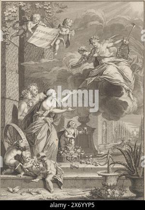 Poésie dans la conversation avec des figures allégoriques, page de titre pour : Arnold Hoogvliet, Zydebalen, poème de cour, 1740, imprimé, imprimeur : Jan Punt, (mentionné sur l'objet), d'après son propre dessin par : Jan Punt, (mentionné sur l'objet), éditeur : Pieter van der Kloot, Delft, 1740, papier, gravure, gravure, hauteur, 238 mm × largeur, 174 mm Banque D'Images