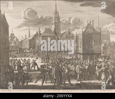 Modification d'Amsterdam, le 26 mai 1578, illustration de la façon dont le magistrat et la santé mentale de la ville d'Amsterdam ont été déportés et amenés à bord du navire le 26 mai. 1578 (titre sur objet), modification d'Amsterdam, 26 mai 1578. Le conseil municipal à l'esprit espagnol et le clergé romain sont forcés de partir ; ils embarquent à bord de bateaux d'attente sur le quai de la place du Dam., imprimerie, imprimeur : Jan Luyken, (mentionné sur l'objet), d'après sa propre conception par : Jan Luyken, (mentionné sur l'objet), éditeur : Andries van Damme, Amsterdam, 1726, papier, gravure, gravure, hauteur, 272 mm × largeur, 345 mm Banque D'Images