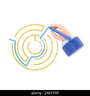 Trouvez une issue. Sortez du labyrinthe circulaire. Homme avec la ligne de plomb de stylo de Maze.3d illustration plate design. Une solution réussie qui déconcerte l'entreprise. Soluté Banque D'Images
