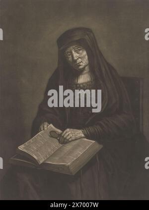 Vieille femme avec la Bible sur ses genoux, peut-être la mère de Rembrandt, imprimeur, imprimeur : Pieter Louw, après peinture par : Rembrandt van Rijn, (peut-être), 1735 - 1800, papier, hauteur, 352 mm × largeur, 240 mm Banque D'Images