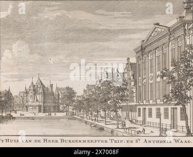 Vue du Kloveniersburgwal avec le Trippenhuis et le Waag sur le Nieuwmarkt, 't huis van Mr. Mayor Trip ; and tenu Anthonis Waag (title on object), print, print maker : Anonymous, Publisher : Nicolaas Ten Hoorn, Amsterdam, 1726, paper, gravure, gravure, hauteur, 151 mm × largeur, 187 mm Banque D'Images