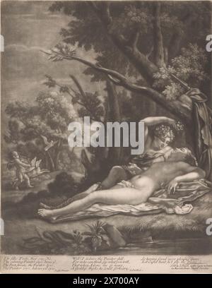 Venus et Adonis, texte en anglais dans la marge inférieure., impression, imprimeur : John Smith (prentmaker/ uitgever), (mentionné sur l'objet), après peinture par : Nicolas Poussin, (mentionné sur l'objet), éditeur : Alexander Browne, (mentionné sur l'objet), Angleterre, 1662 - 1706, papier, hauteur, 277 mm × largeur, 218 mm Banque D'Images