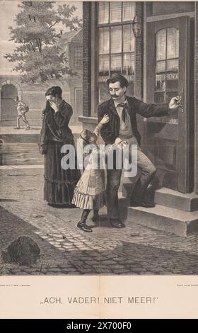 Fille essaie d'arrêter père devant un café, Oh père - pas plus! (Titre sur objet), dans la rue une fille tente d'empêcher son père d'entrer dans un café. En arrière-plan, une femme pleure dans son tablier. L'impression a été réalisée à l'initiative de l'Union du peuple contre l'abus d'alcool., impression, imprimeur : Johannes Walter, (mentionné sur l'objet), après conception par : Johan Braakensiek, (mentionné sur l'objet), éditeur : Uitgeverij L.J. Veen, Amsterdam, c. 1900 - 1914, papier, gravure sur bois, hauteur, 638 mm × largeur, 487 mm Banque D'Images