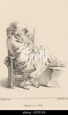 Homme assis avec pied sur une plate-forme surélevée, Collection de diverses poses dramatisées (titre de la série), Recueil de différentes charges Designe a Rome par Carloo Vanloo peintre du Roy (titre de la série sur objet), homme avec barbe, grand foulard et long manteau, assis en diagonale dans une chaise avec accoudoirs, le pied gauche sur une plate-forme. Numéroté en haut à droite : 10. Partie d'une série de douze estampes avec des figures dans des poses dramatisées, souvent vêtues de costumes fantastiques 'orientaux', d'après des dessins de Carle van Loo, réalisés lors de son séjour à Rome (1728-1732)., estampe, imprimeur : Jacques-Philippe le Bas, (mentionné sur Banque D'Images