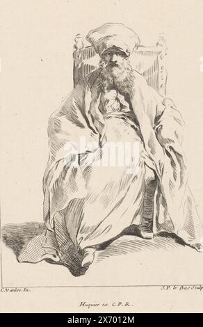 Homme assis, Collection de diverses poses dramatisées (titre de la série), Recueil de différentes charges Designée a Rome par Carloo Vanloo peintre du Roy (titre de la série sur objet), homme à longue barbe, coiffe haute et long manteau, assis dans une chaise, vu de devant. Numéroté en haut à droite : 4. Partie d'une série de douze estampes avec des figures dans des poses dramatisées, souvent vêtues de costumes fantastiques 'orientaux', d'après des dessins de Carle van Loo, réalisés lors de son séjour à Rome (1728-1732)., estampe, imprimeur : Jacques-Philippe le Bas, (mentionné sur l'objet), après dessin de : Carle van Loo, (mentionné sur l'objet Banque D'Images