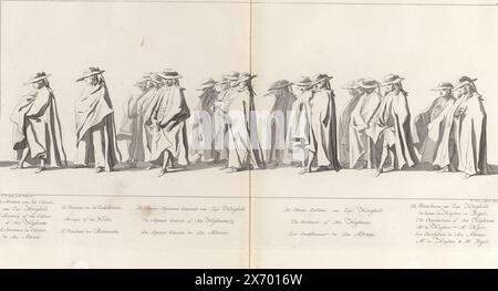 Poste funéraire de Guillaume IV, 1752, planche 25, le secrétaire du cabinet de son Altesse, l'intendant des bâtiments, les Seigneurs adjudants généraux (...) (titre sur objet), Lyk-staetsie de son Altesse Sérénissime le Lord Willem Carel Hendrik Friso, Prince d'Orange et de Nassau (...) tenue le IV février 1752 (titre de la série), les membres de la maison du stadtholder et un groupe de nobles. Dans la marge une légende en néerlandais, français et anglais. L'estampe fait partie d'un album., estampe, imprimeur : Jan Punt, (mentionné sur l'objet), d'après le dessin de : Pieter Jan van Cuyck, (mentionné sur Banque D'Images