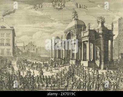 Entrée de Guillaume III par l'arc de triomphe au Buitenhof, 1691, entrée de sa majesté par l'arc de mer devant la cour, entrée de sa majesté par dessous l'arc de triumphe qui est devant la cour (titre sur objet), entrée de la procession avec le Stadtholder-Roi Guillaume III par l'arc de triomphe au Buitenhof, le 5 février 1691. Au premier plan sont les soldats et le public., imprimerie, imprimeur : Romeyn de Hooghe, pays-Bas du Nord, 1691, papier, gravure, hauteur, 333 mm, largeur, 444 mm Banque D'Images