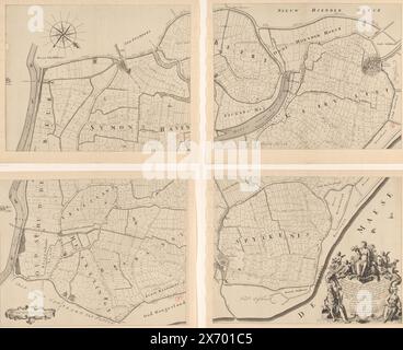 Plan de l’anneau de Putten, composé de quatre parties, dessiné par les seigneurs opperdijckgraeff et Hoog Heemraden des Ringhs van Putten (…) (Titre sur l'objet), carte de l'anneau de putten. Cette zone était composée de neuf polders qui étaient gérés par l'Office des eaux. En bas à gauche un bâton d'échelle : échelle de deux cents tiges de putse. En bas à droite un cartouche avec le titre dans l'information. A gauche et à droite du cartouche un Dieu et une déesse du courant respectivement. Au-dessus du cartouche Cérès avec la corne d'abondance et une gerbe de maïs, derrière elle une vache et un cheval, autour de son putti Banque D'Images