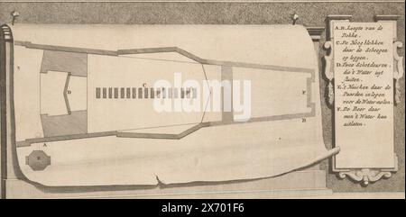 Plan d'une cale sèche à Vlissingen, plan d'une cale sèche, probablement le 'Dokje van Perry' construit en 1704-1705 dans l'Ooster- ou Dokhaven, à Vlissingen. A droite de la carte se trouve une légende A-F. Numéroté en haut à gauche : page : 143. No 1., imprimerie, imprimeur : François van Bleyswijck, Leyde, 1717 - 1755, papier, gravure, gravure, hauteur, 142 mm × largeur, 265 mm Banque D'Images