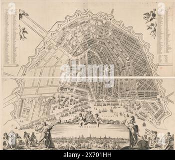 Carte d'Amsterdam avec paysage urbain, composée de deux parties, Amstelodamum veteris et novissimae urbis justatissimae delineatio (titre sur l'objet), carte vue à vol d'oiseau. En haut à gauche la légende 1-200. En haut à droite la légende 201-360 et la légende des bastions A-Z. Putti en bas à gauche avec les armoiries de la ville et les enfants avec la richesse de différentes parties du monde. En bas au centre une vue de la ville flanquée de Junon (à gauche) et Minerve (à droite). Au-dessus de ce visage deux enfants avec les armoiries de Hollande. En bas à droite enfants avec le sceau de la ville et des objets qui se réfèrent à la navigation Banque D'Images