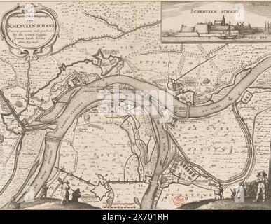 Carte montrant le siège et la conquête de Schenkenschans par Frederik Hendrik, 1635-1636, l'emplacement et le siège de Schencken Schans curyeus mesuré et dessiné par l'ingénieur expérimenté Joannes Iacobi schort anno 1635. et 36. (Titre sur l'objet), carte du siège et de la capture de Schenkenschans par l'armée néerlandaise sous Frederik Hendrik, 1635-1636. En haut à gauche du cartouche de titre. En haut à droite une vue sur le fort depuis l'eau. Diverses figures en bas au premier plan. En bas au milieu une échelle bâton : Rynlante Rods, les 2000 font un mile moyen de 15 dans un degré. Marqué en haut à droite Banque D'Images