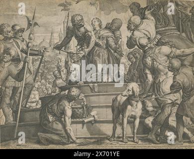 Le martyre de Sainte Justina de Padoue (moitié inférieure), Sainte Justina de Padoue est assise sur un dais et est attachée par des soldats. Elle a une épée dans la poitrine. En arrière-plan se trouvent des spectateurs et une ville. Texte dans la marge inférieure., impression, imprimeur : Agostino Carracci, (mentionné sur l'objet), après peinture par : Paolo Veronese, (mentionné sur l'objet), éditeur : Giacomo Franco, (mentionné sur l'objet), imprimeur : Italie, après peinture par : Italie, éditeur : Venise, Vaticaanstad, Venise, 1582, papier, gravure, hauteur, 448 mm × largeur, 582 mm Banque D'Images