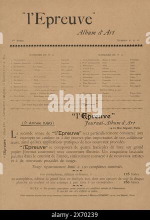 Magazine L'Epreuve, le magazine L'Epreuve paru mensuellement de décembre 1894 à décembre 1895 et axé sur l'art et la littérature. Dans ce cas, deux éditions sont incluses dans un numéro, la onzième et la douzième éditions. Le magazine a publié un album par numéro avec dix tirages originaux d'artistes bien connus. La première page de ce double numéro contient deux listes de noms de dix artistes et leurs contributions ainsi que des tirages supplémentaires pour l'édition deluxe. Le magazine annonce principalement le prochain deuxième volume de 1896, qui n'a jamais décollé., imprimé, éditeur : L'Epreuve, (mentionné sur Banque D'Images