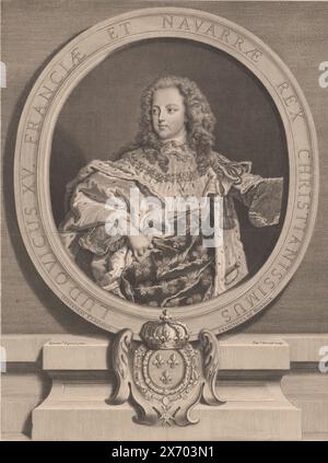 Portrait de Louis XV, Ludovicus XV. Franciae et Navarrae rex Christianissimus (titre sur objet), estampe, graveur : Pierre Drevet, (mentionné sur objet), après peinture par : Hyacinthe Rigaud, (mentionné sur objet), Claude François Monnier, (mentionné sur objet), France, 1720 - 1738, papier, gravure, hauteur, 454 mm × largeur, 344 mm Banque D'Images