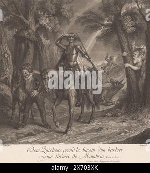 Don Quichotte porte un bassin de rasage comme un casque, Don Quichotte prend le bassin d'un barbier pour l'armet de Mambrin (titre sur l'objet), histoire de Don Quichotte de la Manche (titre de la série), estampe, graveur : Louis Surugue, (mentionné sur l'objet), après peinture par : Charles-Antoine Coypel, (mentionné sur l'objet), éditeur: Louis Surugue, (mentionné sur l'objet), Paris, 1691 - 1767, papier, gravure, gravure, hauteur, 318 mm × largeur, 303 mm Banque D'Images