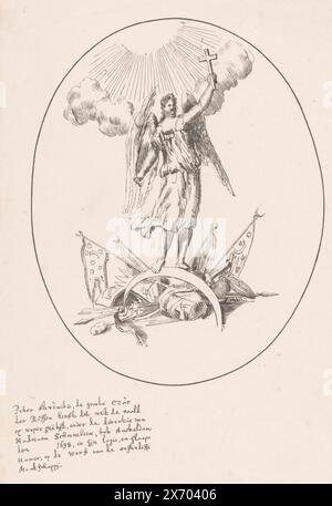 Allégorie de la victoire à Azov, Angel debout sur un croissant inversé comprenant des armes et des drapeaux. Ci-dessous le texte : Peter Alexèwitz, le grand C'zar des Russes, l'a gravé avec une aiguille sur cuivre, sous la direction d'Hadriaan Schoonebeek, à Amsteldam, [...] 1698, dans sa loge et sa chambre, au chantier naval de l'Oostindisse Maatschappij. Cette estampe est également connue sous le nom de Triomphe du Christianisme sur l'Islam., estampe, imprimeur : Peter I de Grote (tsar van Rusland), (mentionné sur l'objet), Adriaen Schoonebeek, (mentionné sur l'objet), Amsterdam, c. 1830 - c. 1930, papier, hauteur Banque D'Images