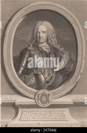 Portrait de Louis François Anne de Neufville, duc de Villeroy, estampe, imprimeur : Johann Georg Wille, (mentionné sur l'objet), après peinture par : Jean Chevalier, (mentionné sur l'objet), inconnu, (mentionné sur l'objet), France, 1744, papier, gravure, hauteur, 383 mm × largeur, 262 mm Banque D'Images