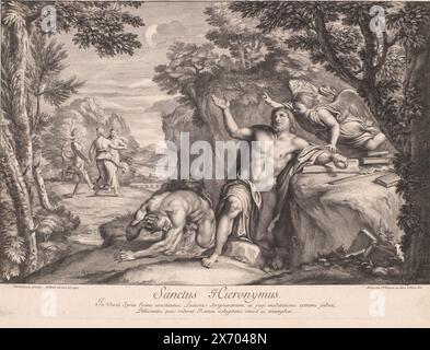 Tentation de Hieronymus dans le désert, Sanctus Hieronymus (titre sur objet), estampe, imprimeur : Gérard Audran, (attribué à), après peinture par : Domenichino, (mentionné sur objet), éditeur : Gérard Audran, (mentionné sur objet), imprimeur : France, Editeur : Paris, 1650 - 1703, papier, gravure, gravure, hauteur, 404 mm × largeur, 555 mm Banque D'Images