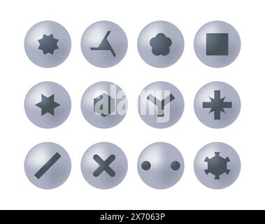 Jeu de têtes de vis métalliques. Boulons en acier inoxydable. Clous et rivets argentés. Vue de dessus. Illustration vectorielle dans un style plat. Différents éléments matériels Illustration de Vecteur