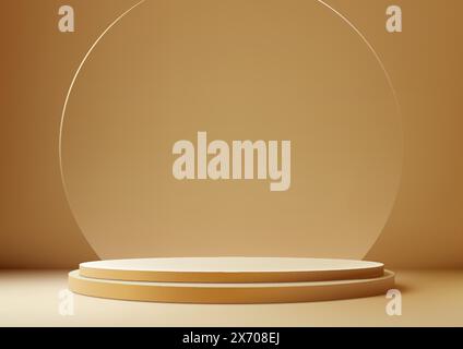Le stand de podium beige 3D avec fond en verre circulaire est parfait pour les maquettes d'affichage de produit de concept d'intérieur moderne. Le support est posé sur un sol et lumineux Illustration de Vecteur