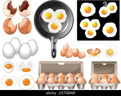 Illustration des oeufs, coquillages et poêle à frire Illustration de Vecteur