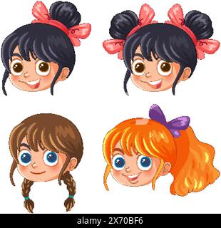 Quatre visages de fille de dessin animé avec différentes coiffures Illustration de Vecteur