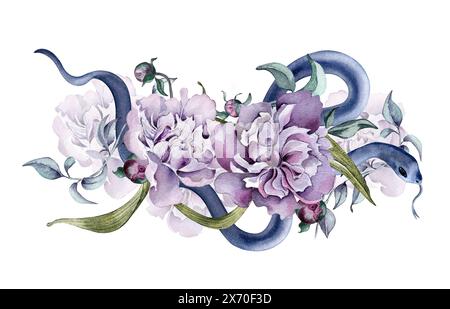 Aquarelle fleurs roses et serpent isolé sur blanc. Illustration florale gothique dessinée à la main. Art botanique avec pivoine violet foncé, feuilles. déco de mariage Banque D'Images