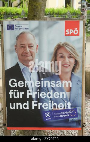 Plakate österreichischer, politischer Parteien zur eu-Wahl AM 9.Juni 2024, AM 16.05.2024. DAS Bild zeigt ein Plakat der Sozialistischen Partei Österreich, mit den Salzburger Kandidaten Andreas Schieder und Evelyn Regner 2024 - Plakate österreichischer, politischer Parteien zur eu-Wahl AM 9.Juni 2024, AM 16.05.2024. *** Affiches des partis politiques autrichiens pour les élections européennes le 9 juin 2024, le 16 05 2024 la photo montre une affiche du Parti socialiste autrichien, avec les candidats de Salzbourg Andreas Schieder et Evelyn Regner 2024 affiches des partis politiques autrichiens pour les élections européennes Banque D'Images