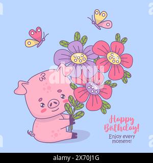 Heureux petit cochon avec grand bouquet de fleurs et de papillons. Illustration vectorielle. Carte de vacances joyeux anniversaire avec un drôle d'omble animal kawaii de dessin animé Illustration de Vecteur