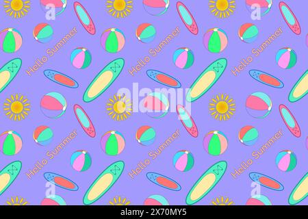 Soleil, ballons de plage et planches de surf sur fond violet. L'inscription Hello Summer. Summertime. Motif coloré sans couture vectoriel. Illustration de Vecteur