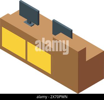 Illustration de postes de travail isométriques modernes et élégants avec deux moniteurs, mobilier ergonomique et design contemporain pour un environnement de travail productif et efficace Illustration de Vecteur