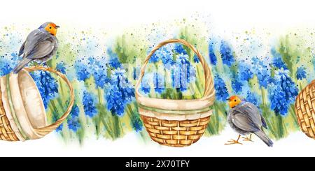 Bordure sans couture aquarelle avec panier en osier beige avec jacinthes de fleur bleu-violet et oiseau mignon, illustration du style provençal, sketc dessiné à la main Banque D'Images
